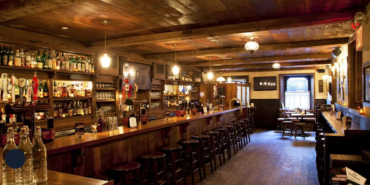 Cozy wood-paneled restaurant bar, ready for service